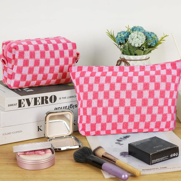 GUTGNK 2-Pack Makeup Bag For Women - Large Checkered Knitted Cosmetic Bags&Small Makeup Pouch Aesthetic Design Travel Toiletry Bag Skincare Bag