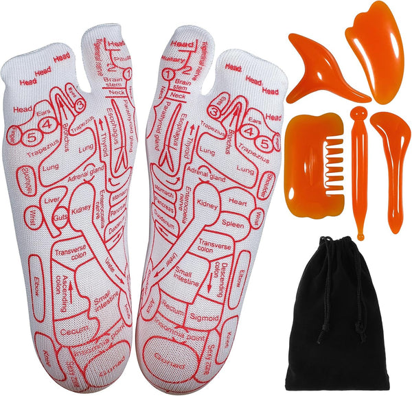 Reflexology Socks with Beginner Acupoint Massage Tools Set of 5 - Foot Pain Relief Remedy for Foot Massage Rod for Women and Men Tired Relieve