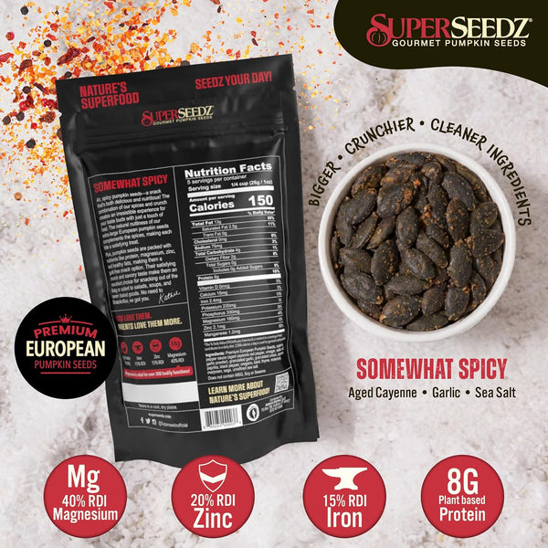 SuperSeedz Dry Roasted Pumpkin Seeds Somewhat Spicy – 8g Protein, Non-GMO Gluten-Free, Keto Snacks – Nut Free & School Friendly Organic Pumpkin