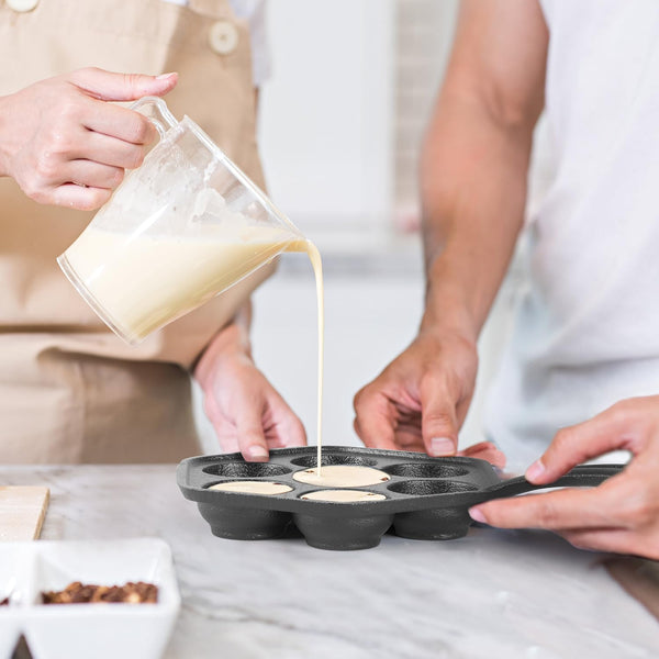 Commercial CHEF Danish Aebleskiver Pan, Pre-Seasoned Cast Iron, Seven Sections For Mini Puffs and Pancake Balls, Works on All Cooktops Including