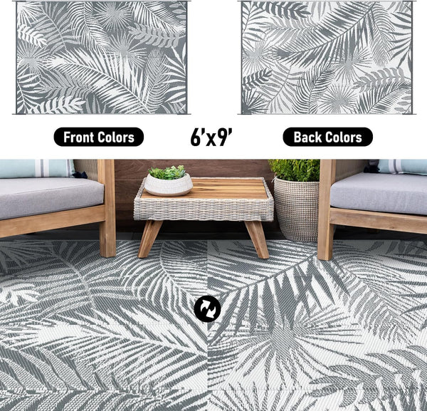 Outdoor Plastic Straw Rug - 6x9Ft Waterproof Reversible Patio Mat for Deck, Beach, RV, Camper, Backyard 6' x 9' (Rectangular) Cool Gray