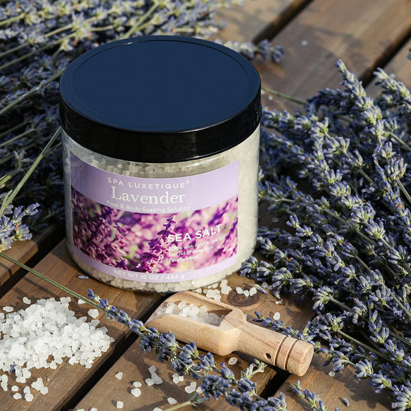 Spa Luxetique Bath Salts, 8Pcs Bath Salts Gift Set with Argan Oil, Bath Bombs, Wooden Scoop, Epsom Salt for Soaking in Lavender, Rose, Chamomile