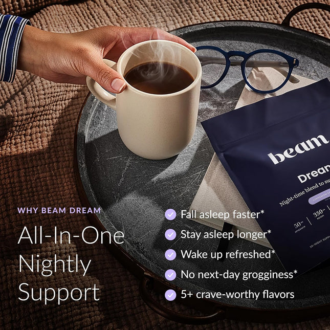 Beam Dream Sleep Powder, Natural Sleep Aid and Magnesium Hot Cocoa Drink for Adults, Calming Sleep Supplement with Apige