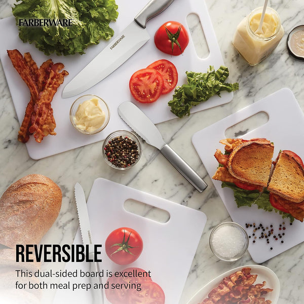 FARBERWARE Large Cutting Board, Dishwasher- Safe Plastic Chopping Board for Kitchen with Easy Grip Handle, 11in by 14in, White 11"L x 14"W Cutting