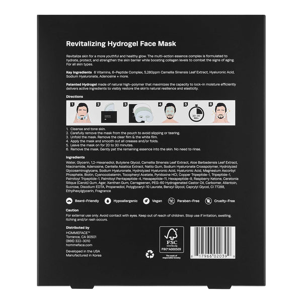 Hommeface Revitalizing Hydrogel Facial Mask Set for Men (5Ct) - Hydrating, Anti-Aging & Soothing Face Sheet Mask with Hyaluronic Acid, Vitamin B,
