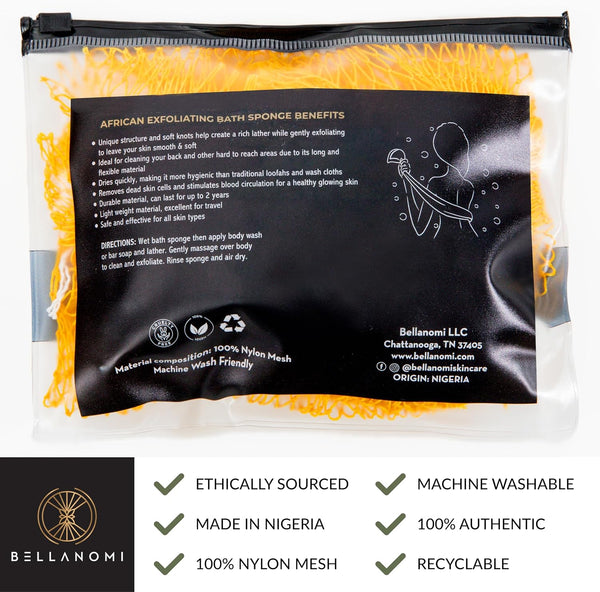 BELLANOMI African Exfoliating Net Sponge, Authentic, Ethically sourced from Nigeria, 45 inches Long, Back Scrubber for Daily use (Yellow)