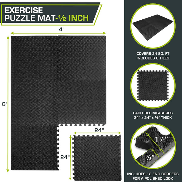 ProsourceFit Exercise Puzzle Mat ½-inch, EVA Interlocking Foam Floor Tiles for Home Gym, Workout Equipment, Kids Play Areas, Black, 24 SQ FT - 6