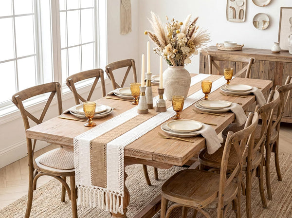 FEXIA Boho Table Runner for Home Decor with Tassels 72 Inches Farmhouse Long Pottery Barn Furniture Rustic Macrame Burlap Table Decoration for