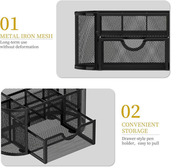 Mesh Desk Organizer with Drawer, 9-Compartment Pen Holder for Desk, Black Obsidian Black