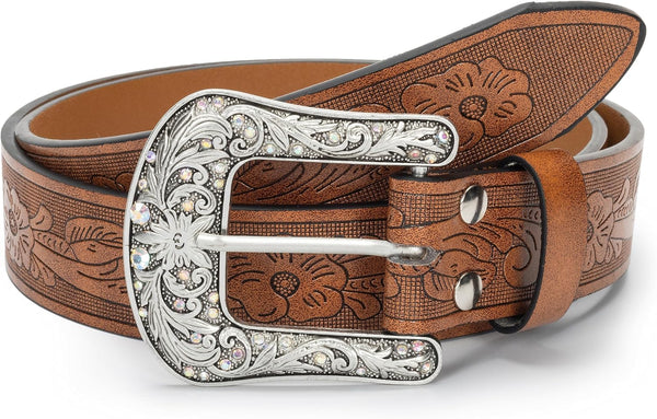 FGSS Women-Western-Leather-Belts - Vintage-Western-Cowboy Embossed-Belts with Retro-Engraved-Buckle for Jeans Pants Brown-carved Belt Fit for