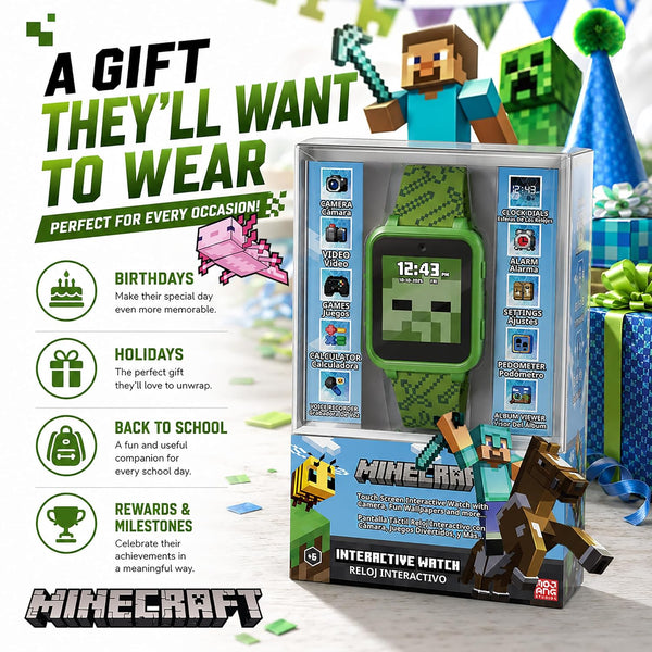 Minecraft Kids Smart Watch – Touchscreen Interactive Watch with 10 Customizable Clock Faces, Built-in Camera, Video Recorder, Alarm, Calculator,