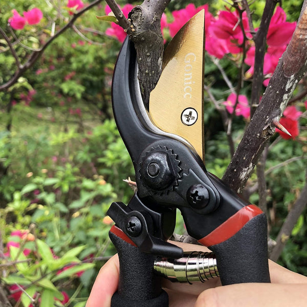gonicc 8" Professional Premium Bypass Titanium Pruning Shears(GPPS-1003) | Titanium coated SK5 steel blade, Ergonomic non-slip handle, Sap groove
