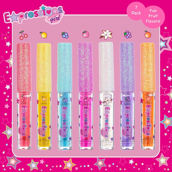 7pc Fruity Flavored Lip Gloss Set - Assorted Fruit Flavor-Great Gift | Non-Toxic Kids Makeup. Fun Shiny Lip Gloss Collection for Kids, Teens &