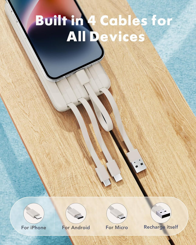 Portable Charger with Built in Cables, Portable Charger with Cords Wires Slim 10000Mah Travel Essentials Battery Pack 6 