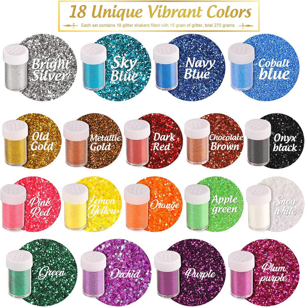 LEOBRO Glitter, 18 Pack Fine Glitter, Craft Glitter Powder Shake Jar, Multi Assorted Set Extra Fine Glitter for Resin Art Crafts Tumbler Scrapbook