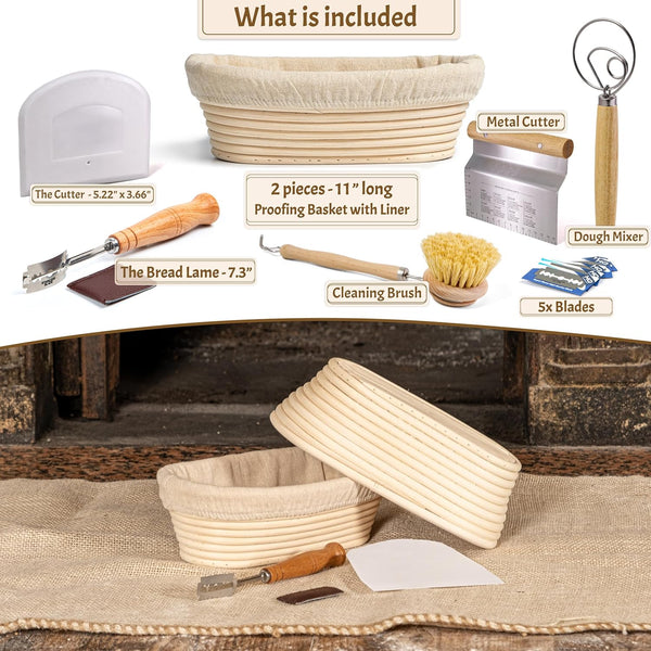 CRISS ELITE 11" Oval Banneton Proofing Basket Set of 2 - Sourdough Starter Kit with Bread Lame, Danish Whisk, Metal & Bowl Scrapers, Cleaning