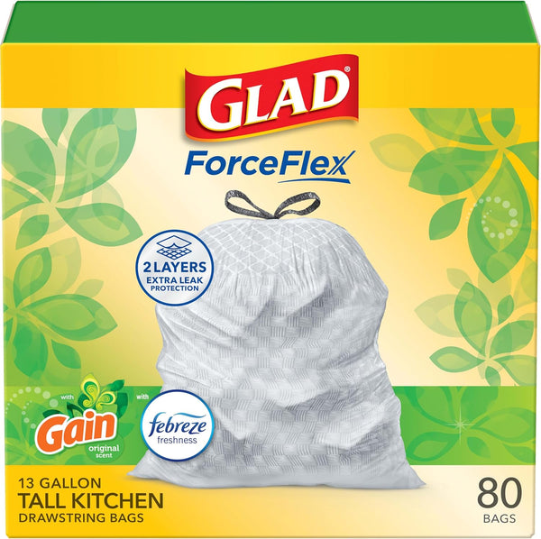 Glad Forceflex Tall Kitchen Trash Bags, 13 Gal, Gain Original with Febreze, 80 Ct (Pack May Vary)