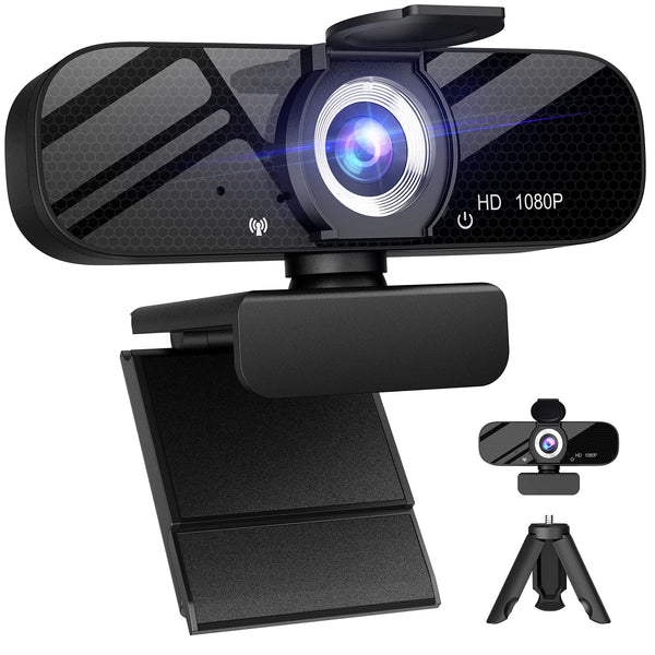 Tewiky Full HD 1080P Webcam with Microphone, Wide Angle, Rotatable Tripod, Privacy Cover