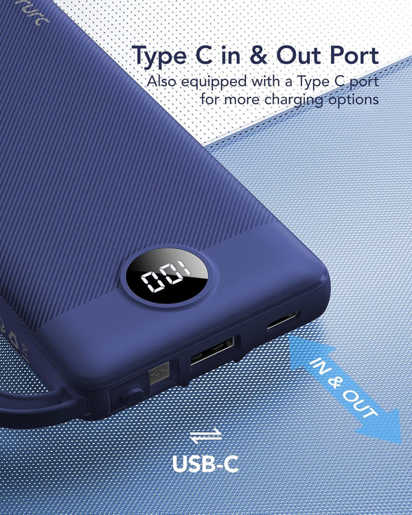 VRURC Portable Charger, Built in 4 Cables & Lanyard Power Bank 10000mAh Navy