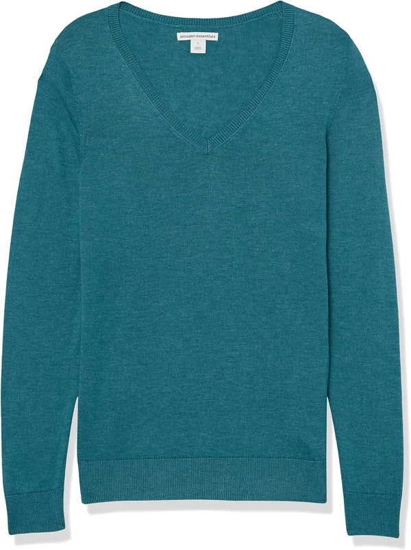 Amazon Essentials Women's Lightweight Long-Sleeve V-Neck Sweater Regular Teal Heather Small