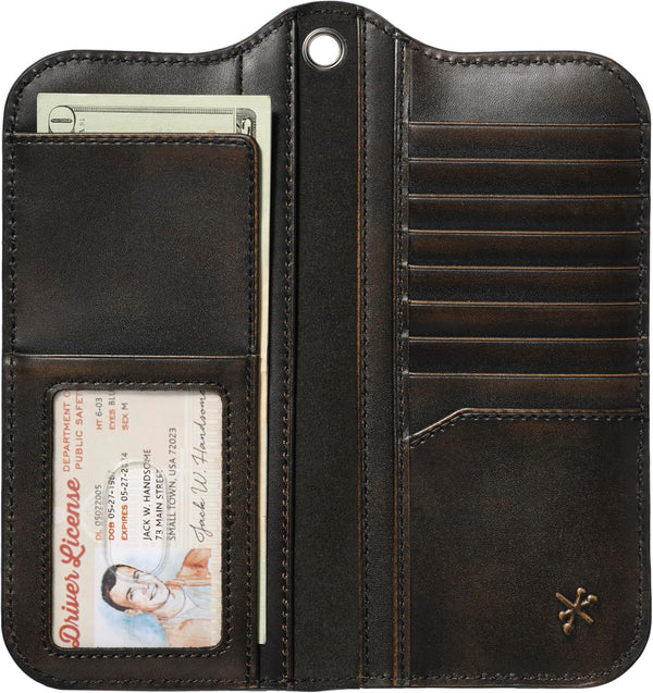 House of Jack Co. Skull Grommet Long Bifold Wallet for Men, Add Your Chain Biker Wallet, Full Grain Cowhide Leather Wallet, Black