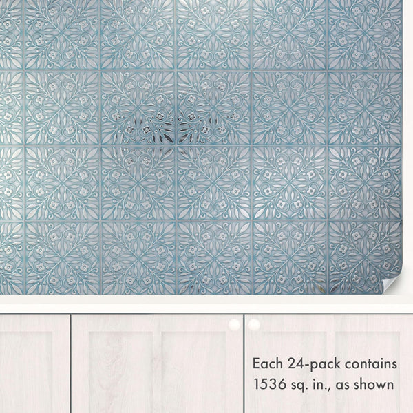 Main Street Peel and Stick Wallpaper Tiles, Teal & Silver Leaves, 24-Pack | 8"x8" tiles, covers 10.67 sq ft. Peel-and-stick paper, no extra