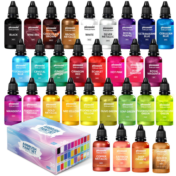 Airbrush Paint, 30 Water-Based, Quick-Drying Colors for Artists & Beginners, Ideal for Wood, Ceramic, Paper, Plaster, Canvas, Plastic (30