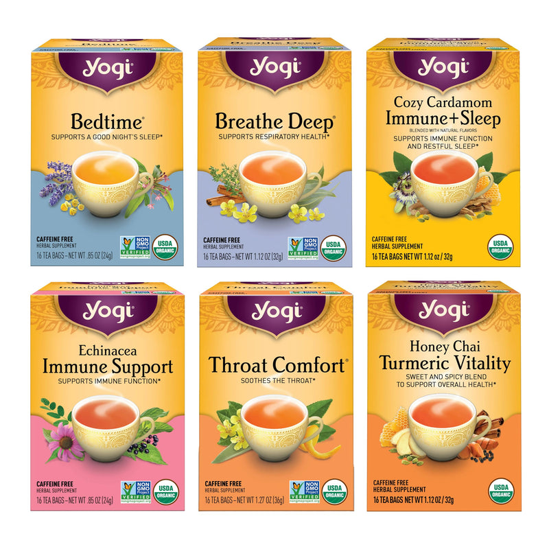 Yogi Tea Get Well Variety Pack - 6 Packs of 16 Tea Bags for Cold Season Support - Includes Bedtime, Breathe Deep, Echinacea Immune Support Teas