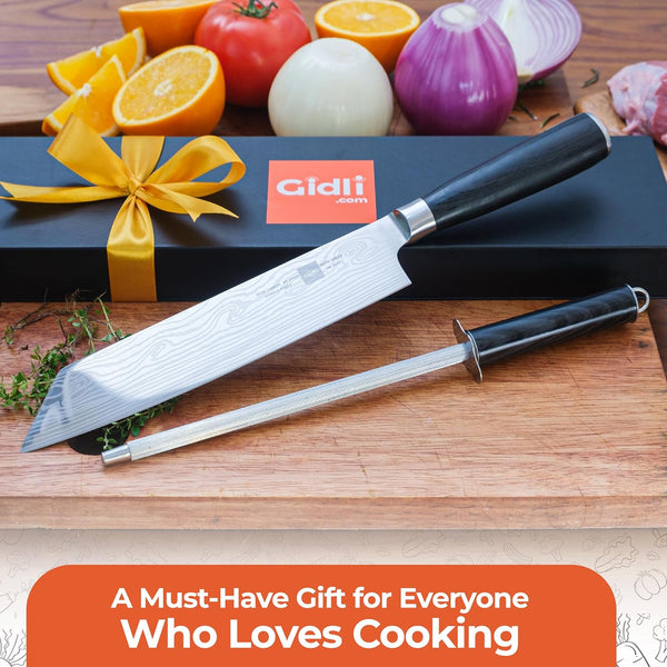 Gidli 8 Inch Chef Knife with Diamond Sharpener - Sharp German Carbon Stainless Steel Kitchen Knife for Precision Cutting - Ergonomic Wooden Handle