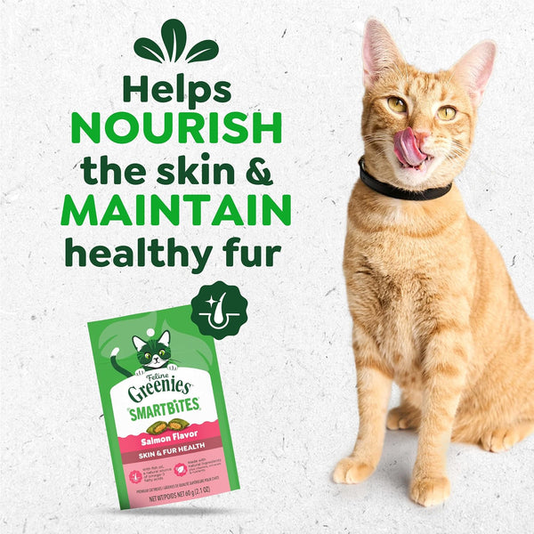 Greenies Feline Smartbites Skin & Fur Health Cat Treats, Salmon, 2.1 oz | Fish oil & flaxseed, omega-3 fatty acids, no artificial flavors or