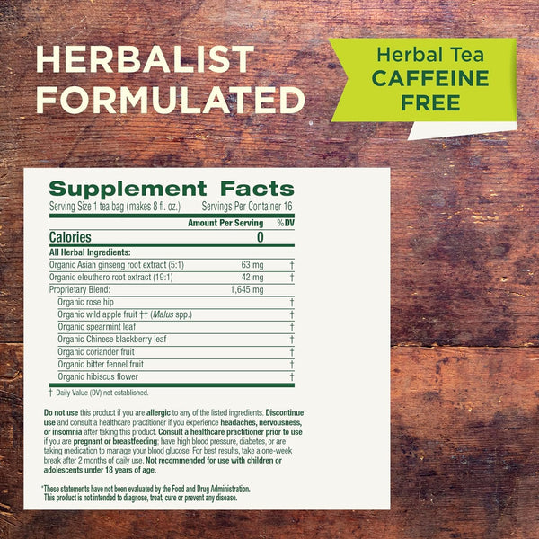 Traditional Medicinals Tea, Organic Stress Ease Focus, with Adaptogens, Everyday Balanced Energy, Ginseng Wild Apple Mint, 16 Tea Bags