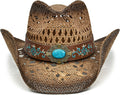 FLUFFY SENSE. Cowgirl Hats for Women Straw Cowboy Hat Western Beach Sun Hat with Shapeable Brim for Coastal Cowgirl 6 5/8-7 1/2 Pecan Brown