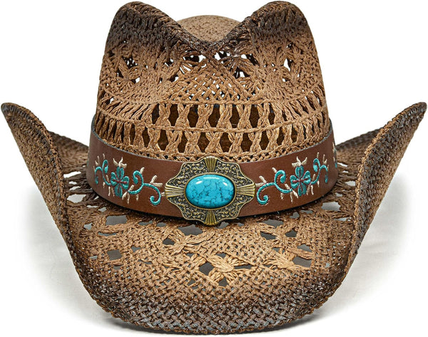 FLUFFY SENSE. Cowgirl Hats for Women Straw Cowboy Hat Western Beach Sun Hat with Shapeable Brim for Coastal Cowgirl 6 5/8-7 1/2 Pecan Brown