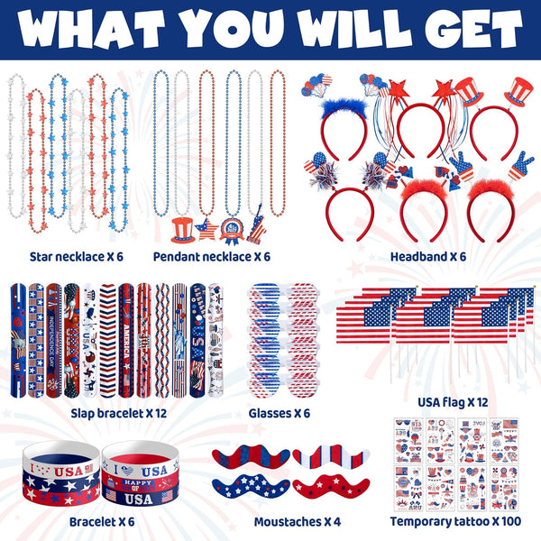 4Th of July Party Favors Set, Fourth of July Decorations 158 Pcs Accessories Includes Slap Bracelets, Necklaces, USA Flags, Tattoos, Wristbands,