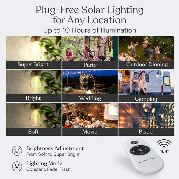 Brightech Ambience Pro Super Bright Solar - 27Ft Remote Control Outdoor String Lights with 12 Shatterproof S14 Bulbs, Commercial Grade LED,