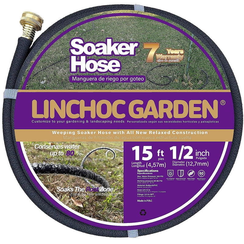 LICNCHOC GARDEN Soaker Hose 15 Ft,1/2 INCH Flexible Durable Garden Hose for Efficient Watering, Leak-Proof Design 100% Recycled Rubber,Ideal for