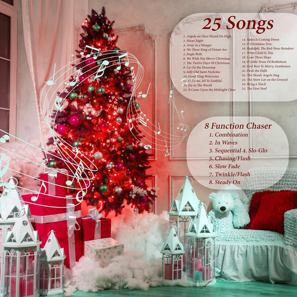 Holiday Essence 140 Red Musical Christmas Lights, Plays 25 Classic Music Songs, 8 Function Chaser, Green Wire, 31.2 Ft Wire Length Indoor String