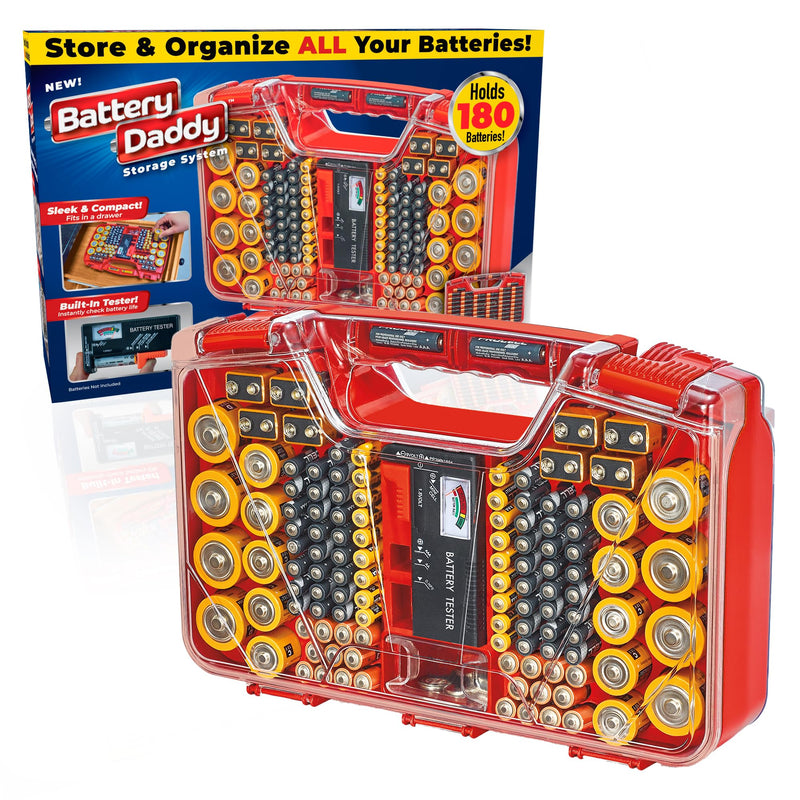 Ontel Battery Daddy Storage & Organizer Case w/Tester, Stores & Protects Up to 180 Batteries, Double-Sided, Clear Locking Lid, Secure Latches &