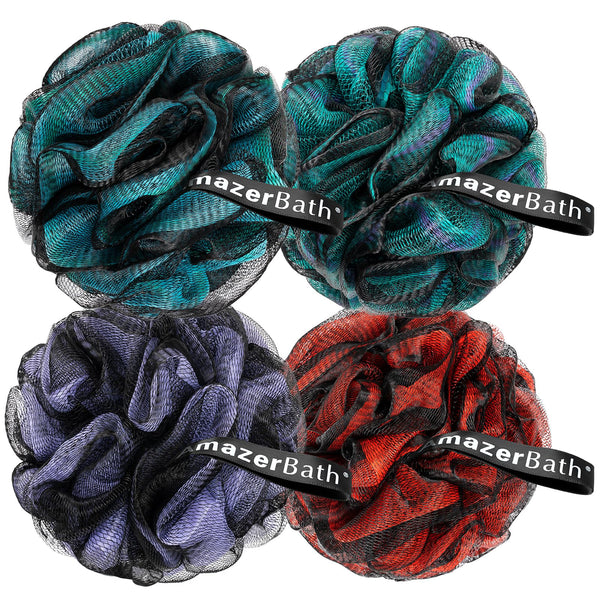 Amazerbath Charcoal Loofah Sponge, Shower Loofah 60G/Pcs - Body Scrubber Loofa Set of 4 - Charcoal Blue, Green, Purple & Red, Bath Sponge for Men