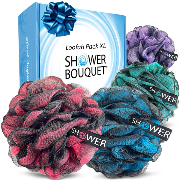 SHOWER BOUQUET Loofah-Charcoal Bath-Sponge XL-Color-4-Pack Extra-Large 75g Charcoal Blue, Green, Purple & Red