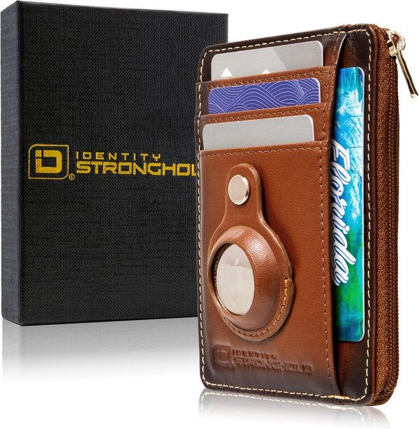 ID Stronghold RFID Blocking Front Pocket Wallet – Slim Minimalist Genuine Leather Wallet with Zipper Coin Pocket (Antiqued Brown)