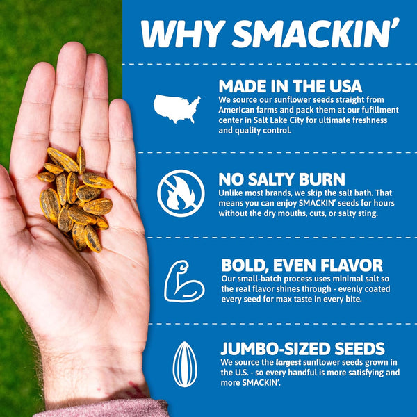 SMACKIN' Sunflower Seeds, Roasted Jumbo Small-Batch, American Made - 6 Flavor Variety. 1.5oz bags (6 Bags) Variety 1.5 Ounce (Pack of 6)