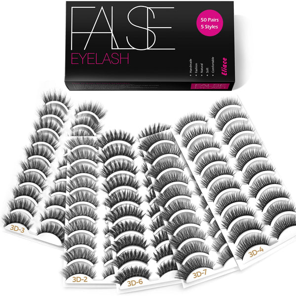 Eliace Eyelashes, (50 Pairs,5 Styles) Faux Mink Lashes Natural Look Wispy Fluffy Handmade Cat Eye False Lash Pack, False Eyelashes Set, Fake