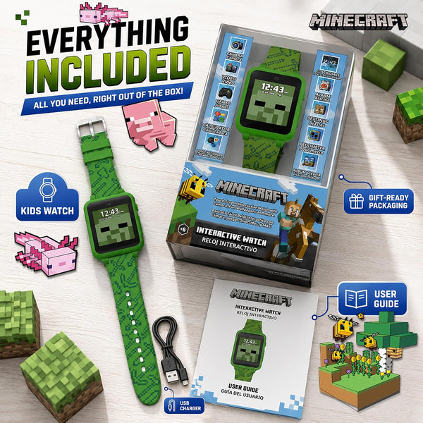 Minecraft Kids Smart Watch – Touchscreen Interactive Watch with 10 Customizable Clock Faces, Built-in Camera, Video Recorder, Alarm, Calculator,