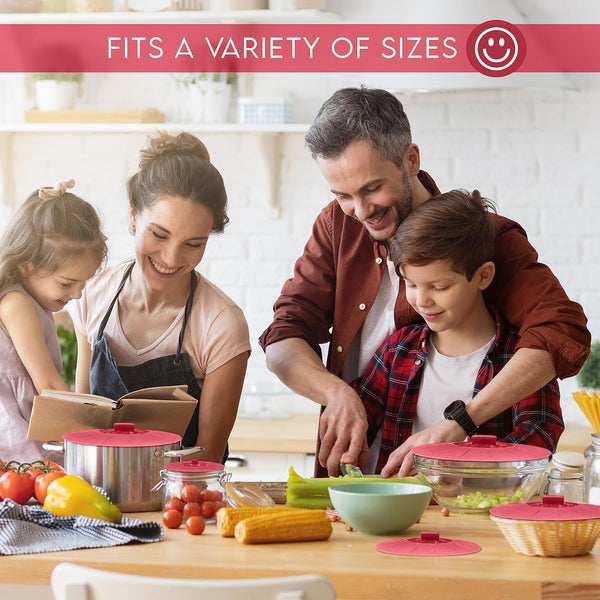 Silicone Bowl Lids Red, Set of 5 Reusable Suction Seal Covers for Bowls, Pots, Cups. Food Safe Natural Grip, Interlocking Handles for Easy Use and
