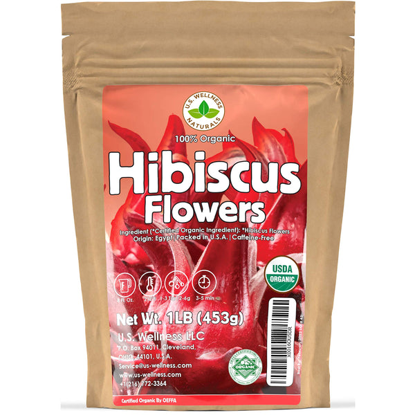 Hibiscus Tea 1LB (16Oz) 100% CERTIFIED Organic Hibiscus Flowers Herbal Tea (WHOLE PETALS), Caffeine Free in 1 lbs. Bulk Resealable BPA-free Bags