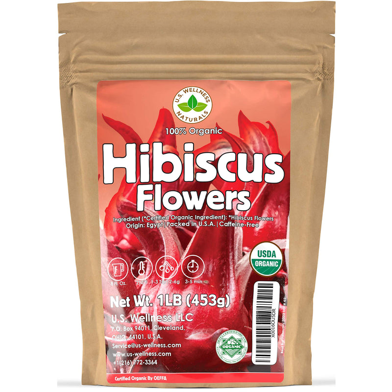 Hibiscus Tea 1LB (16Oz) 100% CERTIFIED Organic Hibiscus Flowers Herbal Tea (WHOLE PETALS), Caffeine Free in 1 lbs. Bulk Resealable BPA-free Bags