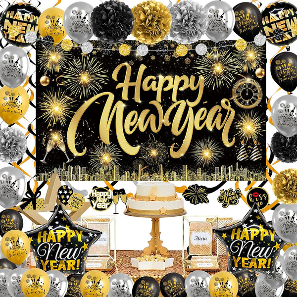 Happy New Year Backdrop with Shiny Firework Background Circle Paper Banner Pom poms Foil Balloons & Swirls for New Year Photo Booth Background