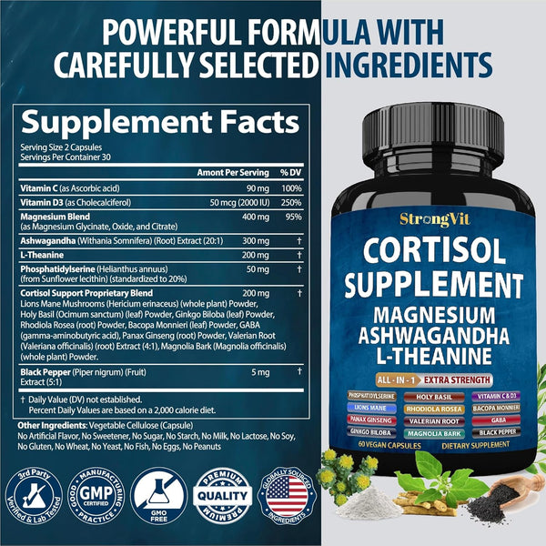 Cortisol Supplements for Women and Men with Magnesium, Ashwagandha & L-Theanine. High Cortisol Reducer, Manager, Detox, Lower and Control. Sleep