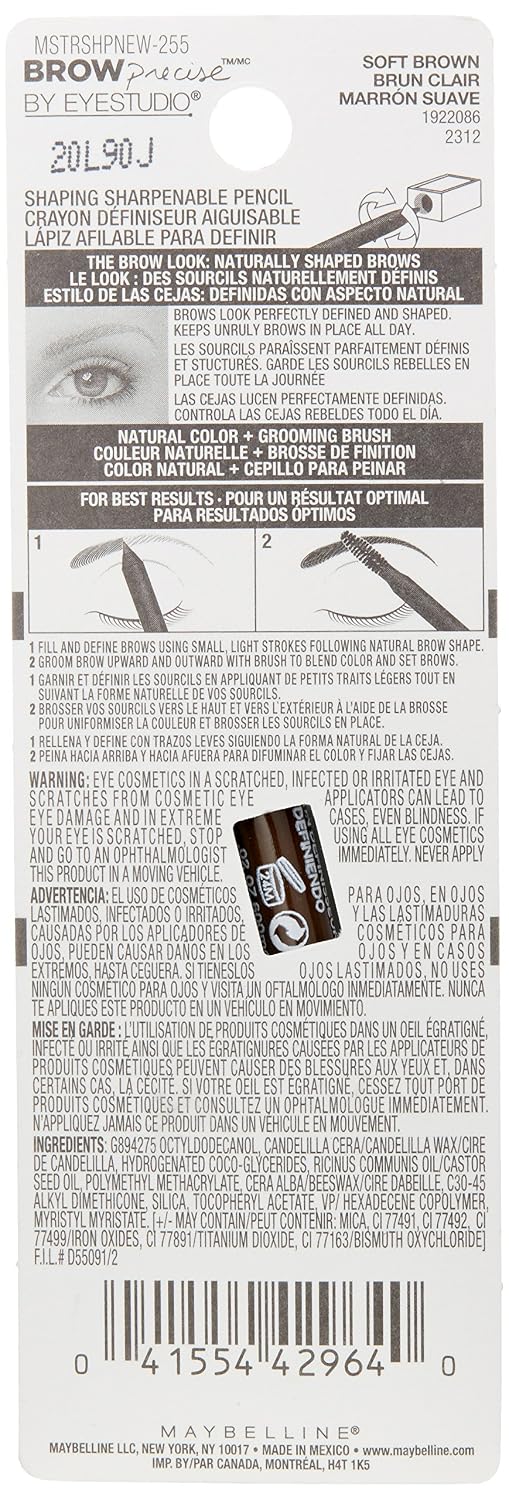 Maybelline New York Brow Precise Shaping Eyebrow Pencil, Soft Brown, 0.02 oz. Soft Brown 1 Count (Pack of 1)